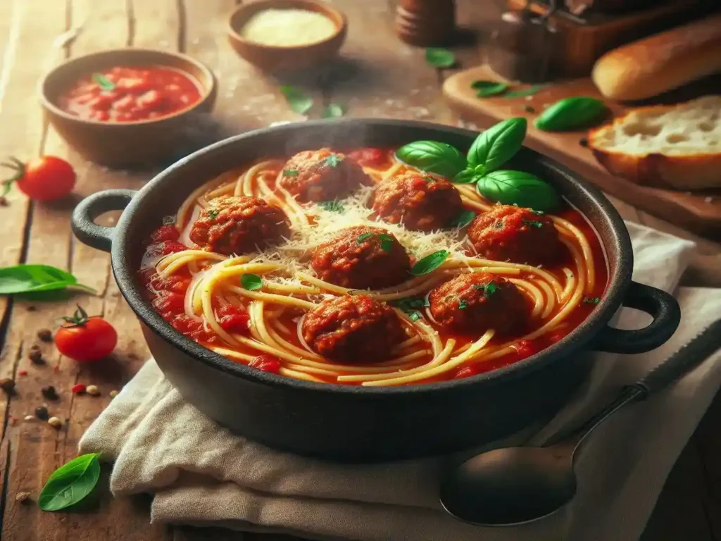 One Pot Spaghetti and Meatball Soup