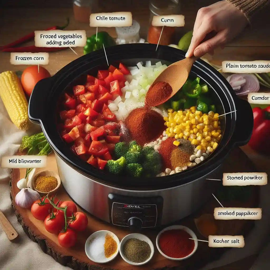 Sautéed vegetables being added to a slow cooker with frozen corn, Rotel Mild tomatoes, plain tomato sauce, cumin, chili powder, smoked paprika, and kosher salt, all being stirred to combine.