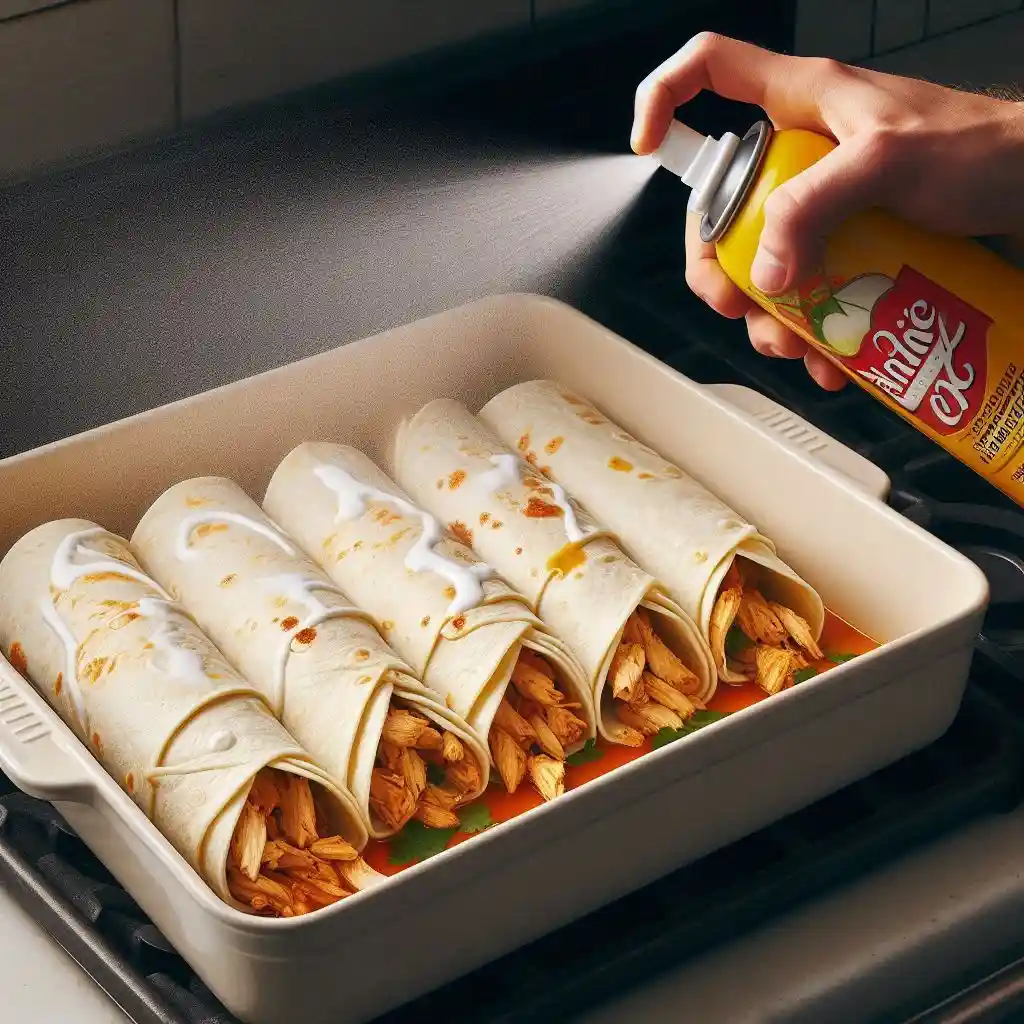 Chicken enchiladas being assembled in a baking dish with tortillas filled with chicken and rolled up, seam-side down.