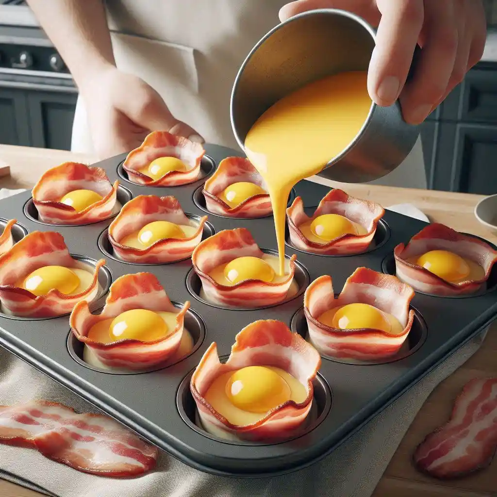 A muffin pan with half slices of turkey bacon placed around the edges of each cup, as the egg mixture is poured in, filling each cup 1/3 full in a well-lit modern kitchen.