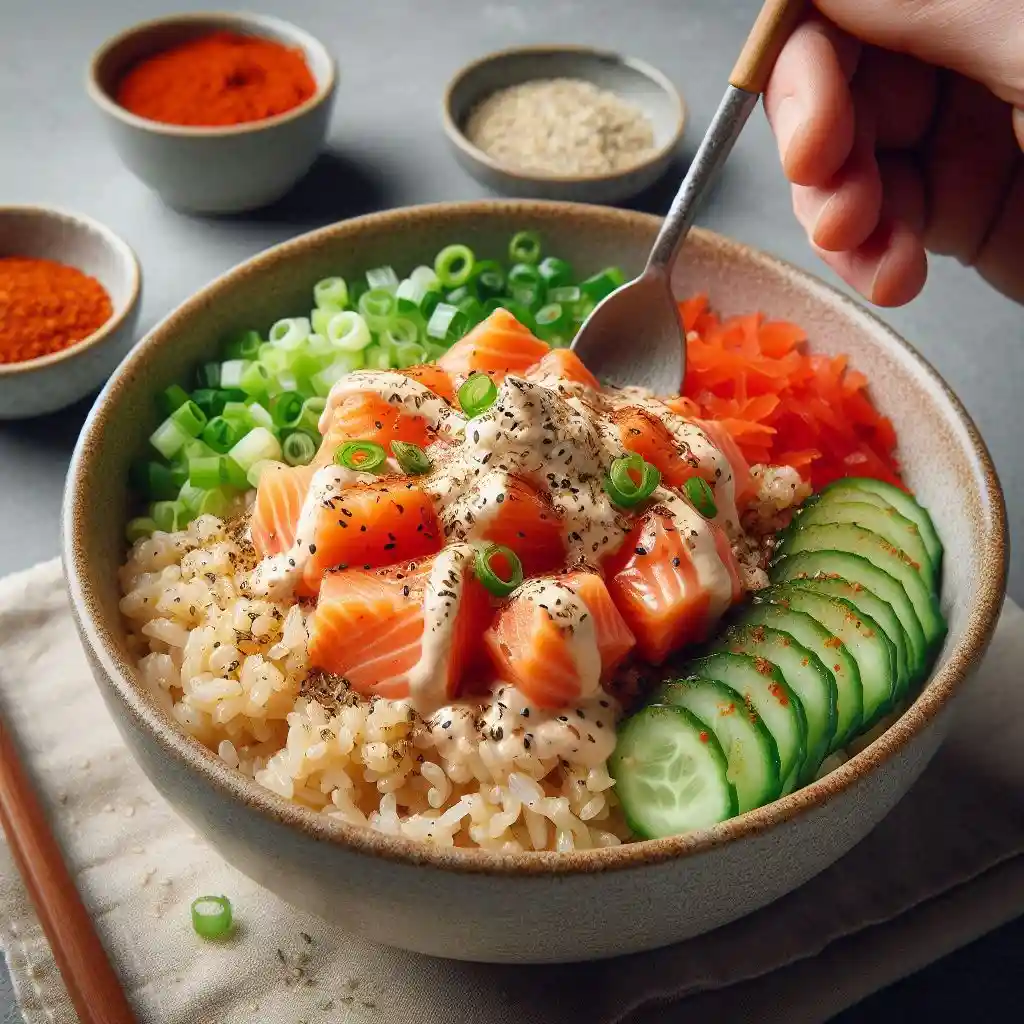 Spoon salmon salad over rice, topped with cucumber pieces, furikake, scallion greens, and a drizzle of sriracha.