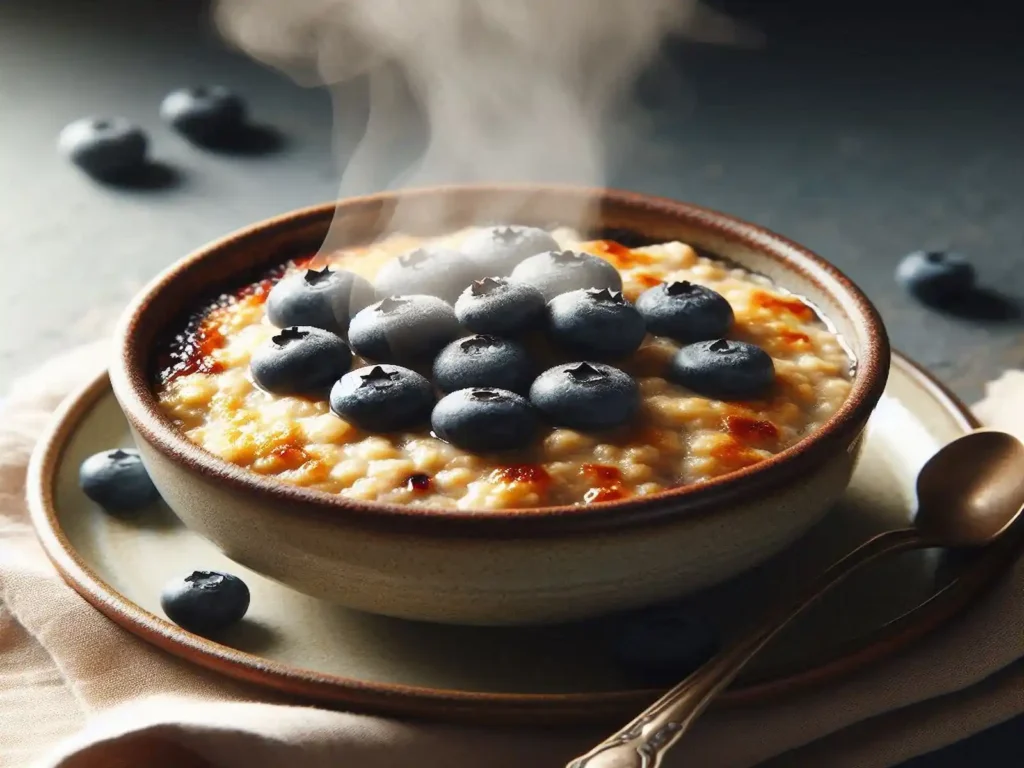 A bowl of baked banana oatmeal topped with blueberries and banana slices.