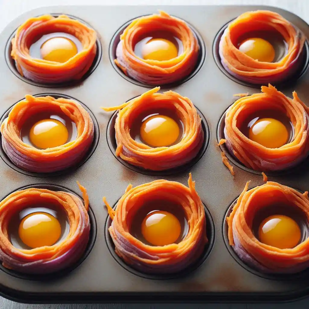 Sweet potato nests in a muffin tin, pressed down and ready for eggs to be added.