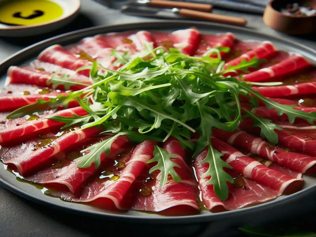 Thinly sliced beef carpaccio topped with fresh arugula on a white plate