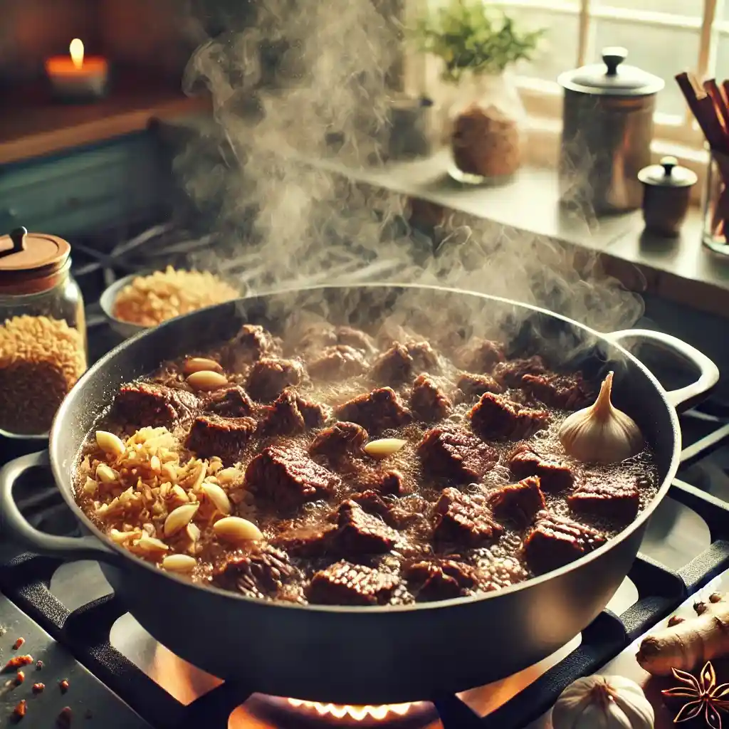 A large pot on a stovetop with beef pieces browning in oil, minced garlic, and sliced ginger sautéing, surrounded by a simmering beef broth with soy sauce, fish sauce, star anise, and a cinnamon stick.