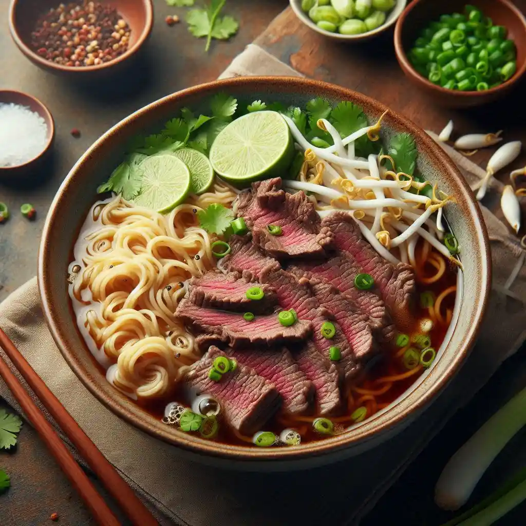 Bowl of beef noodle soup with broth, beef slices, cilantro, green onions, bean sprouts, and lime wedge.