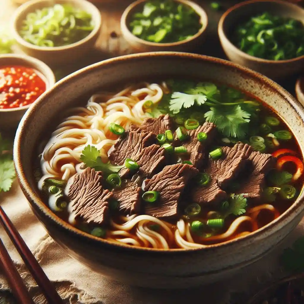 A steaming bowl of beef noodle soup served with Sriracha and hoisin sauce on the side.