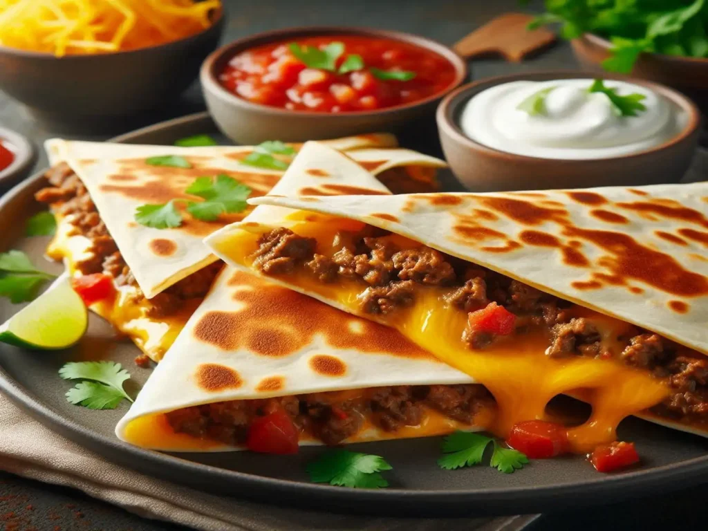 Crispy beef and cheese quesadillas with melted cheese