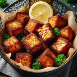 Crispy blackened salmon bites in an air fryer basket with a lemon wedge