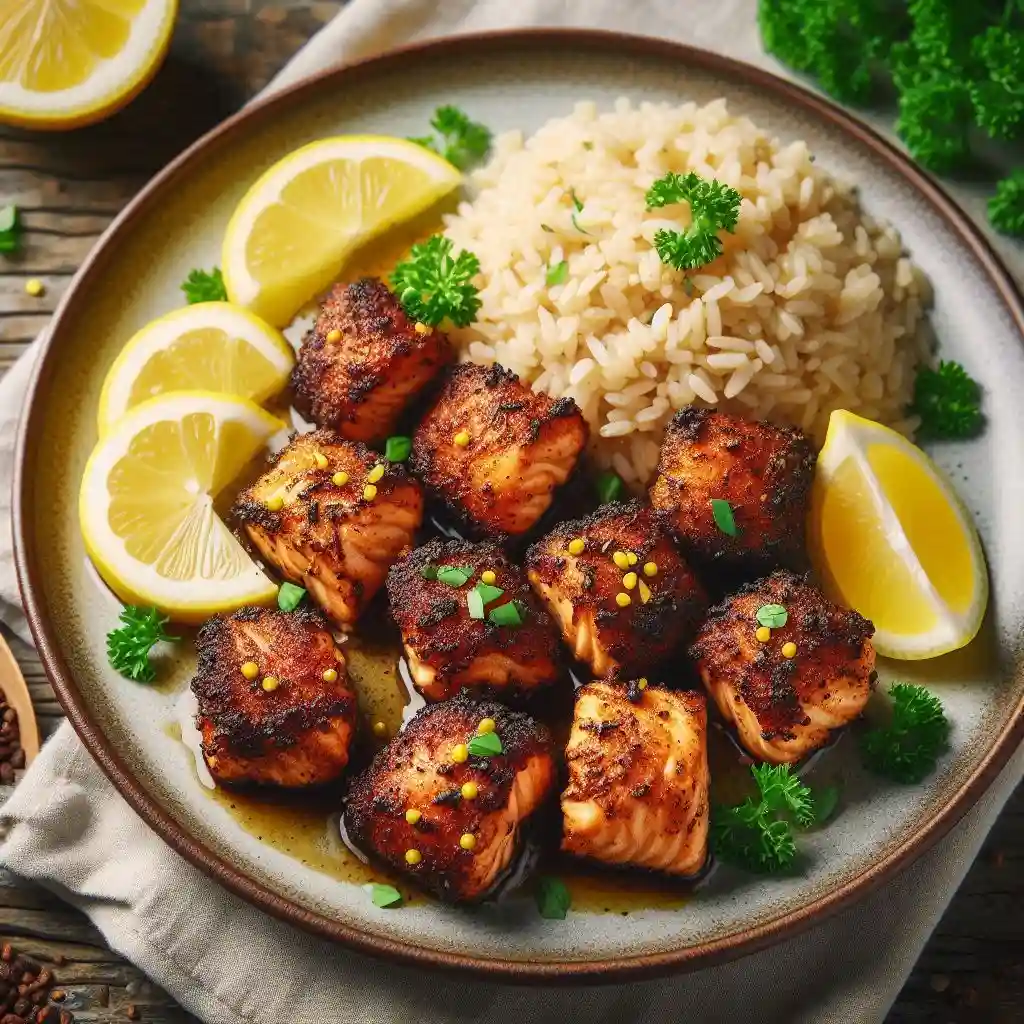 Blackened air fryer salmon bites served with lemon, parsley, and brown rice on a plate