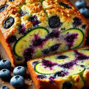 Blueberry Zucchini Bread with golden crust, juicy blueberries, and visible zucchini flecks.