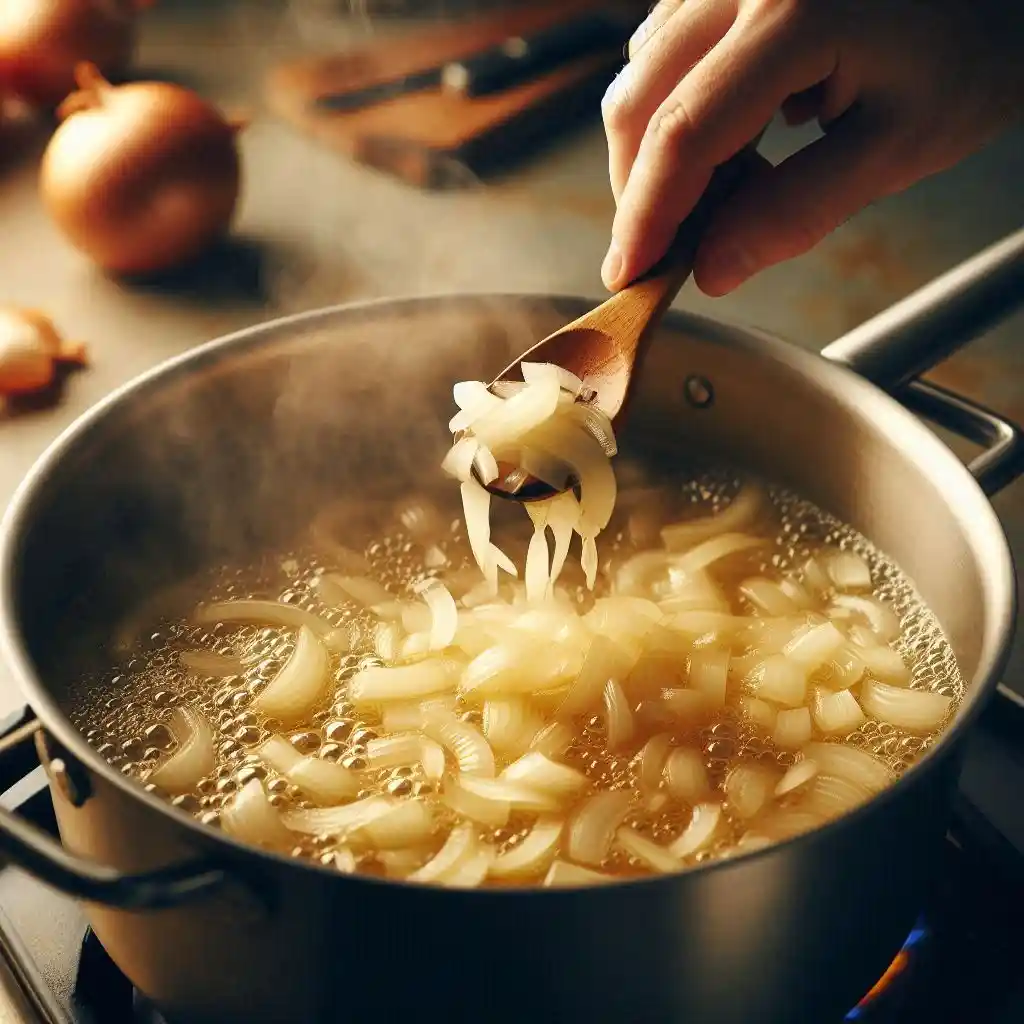 Medium pot on stovetop with oil heating, chopped onions caramelizing, alongside ingredients for a Buffalo Chicken Rice Bowl.