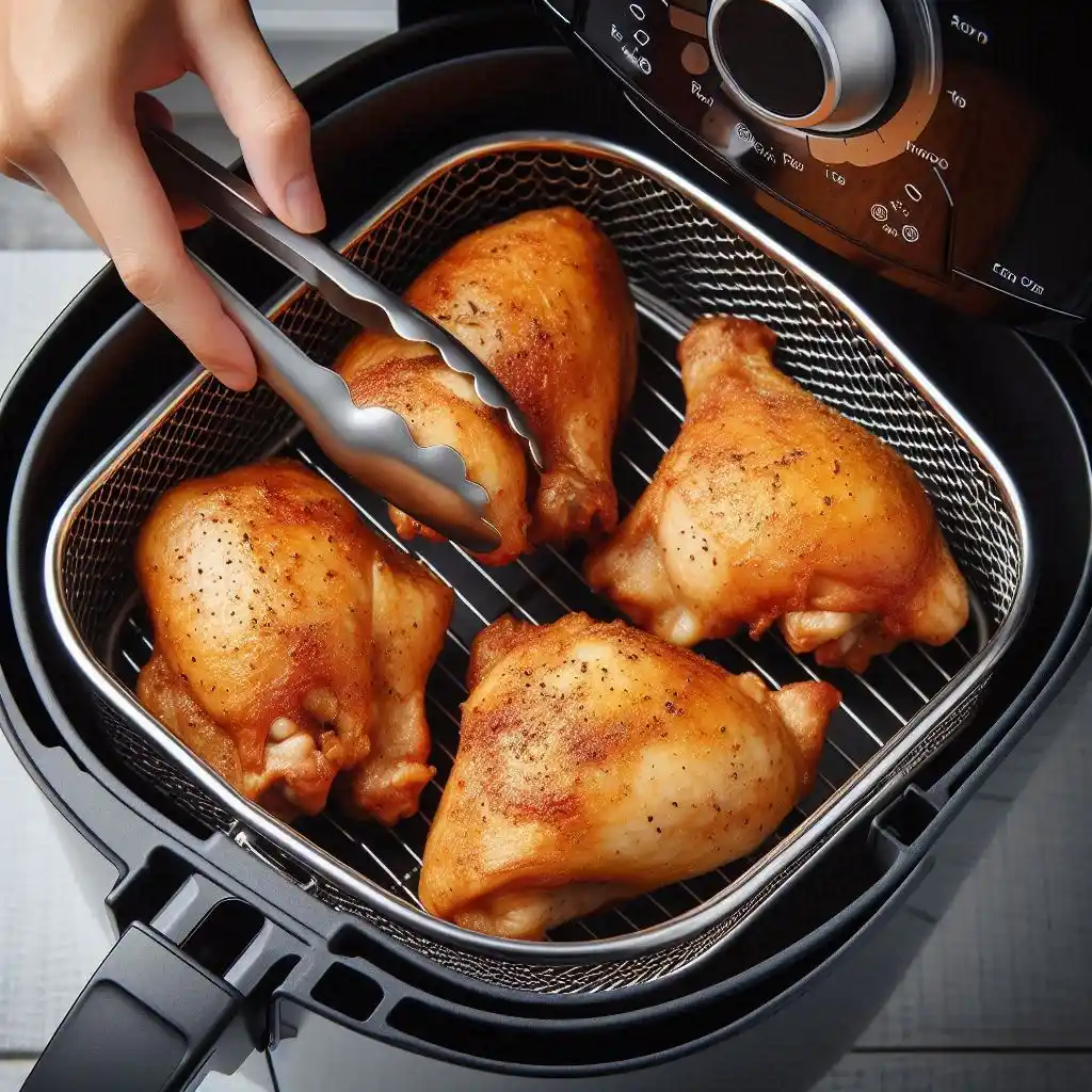 Carefully flip the chicken thighs over in the air fryer basket after the first 12 minutes of cooking.