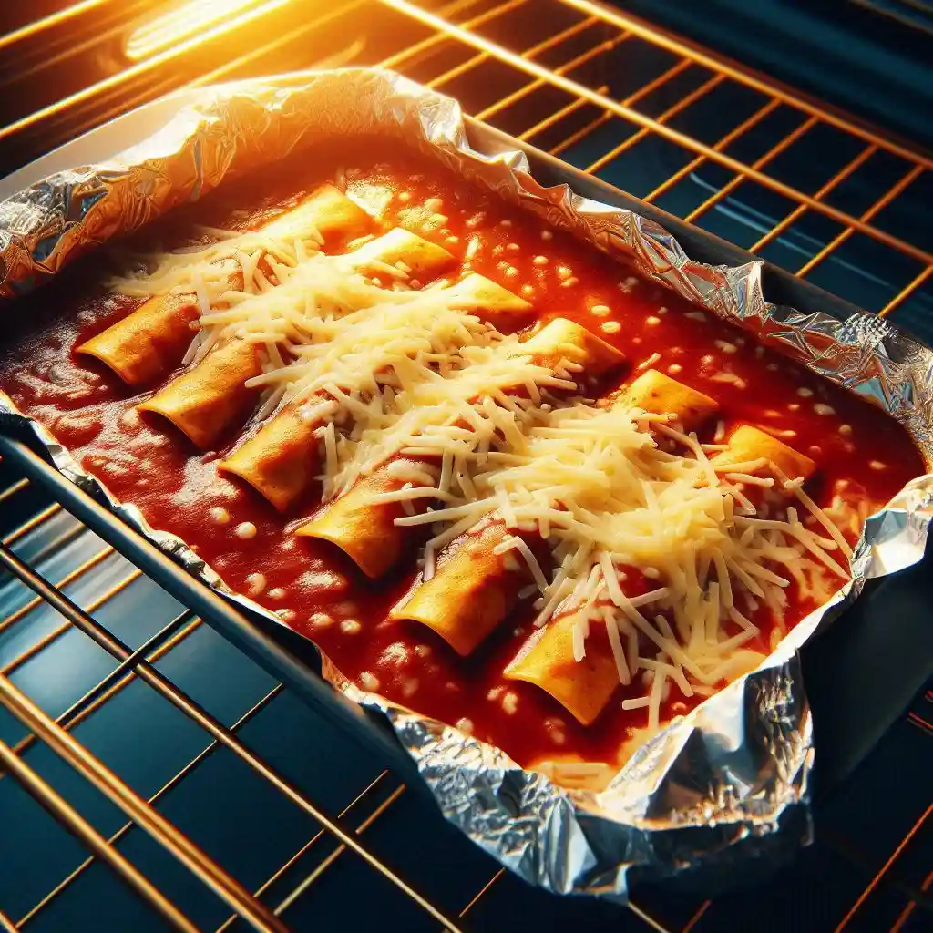 Baking dish with enchiladas covered in melted cheese and enchilada sauce, ready to bake in the oven with foil on top.