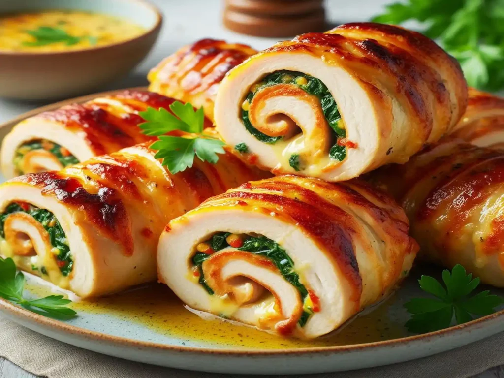 Crispy chicken roll-ups with melted cheese and spinach filling