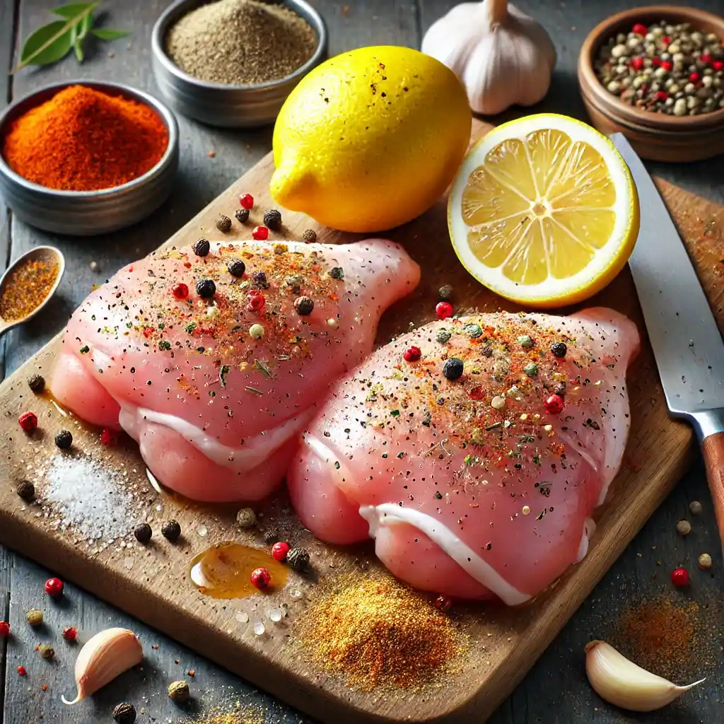 Raw chicken thighs seasoned with kosher salt, black pepper, garlic powder, onion powder, sweet paprika, and dried herbs, with lemon squeezed over.