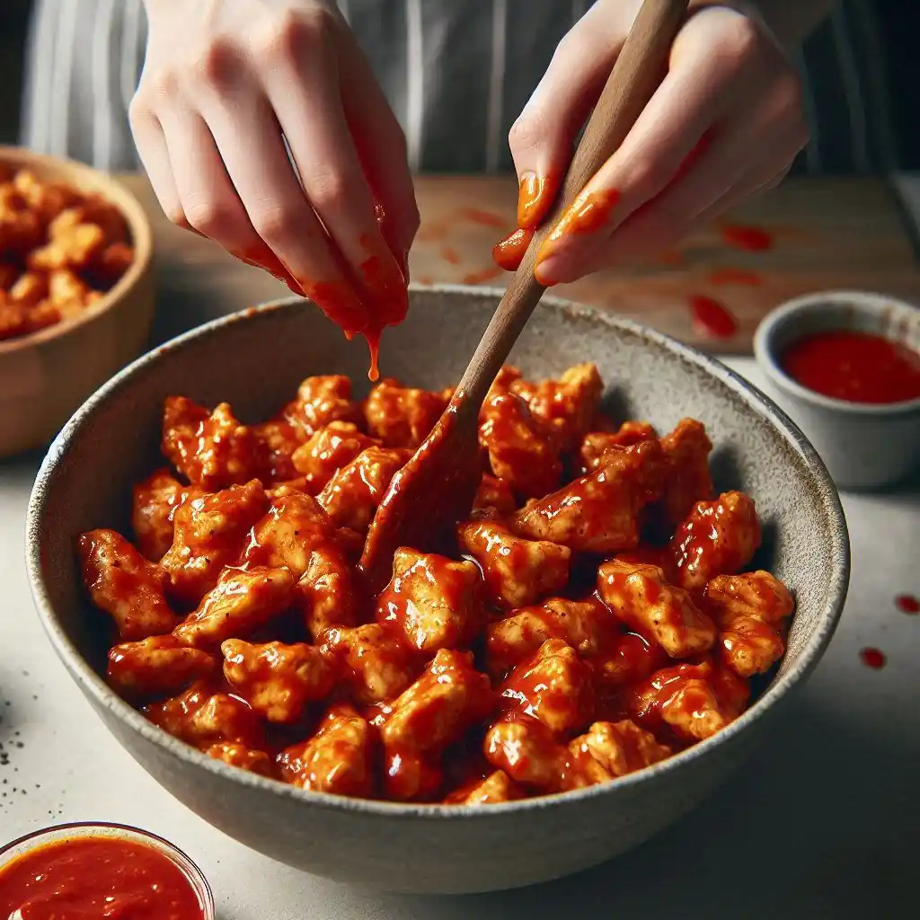 Perfectly coated chicken pieces in a medium bowl with vibrant hot sauce, ready to be cooked. Ideal for a spicy and flavorful meal!