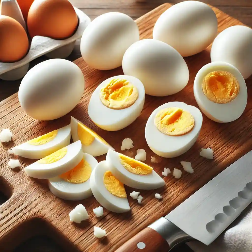 Chopped hard-boiled eggs on a wooden cutting board in a bright kitchen, ready for making egg salad.