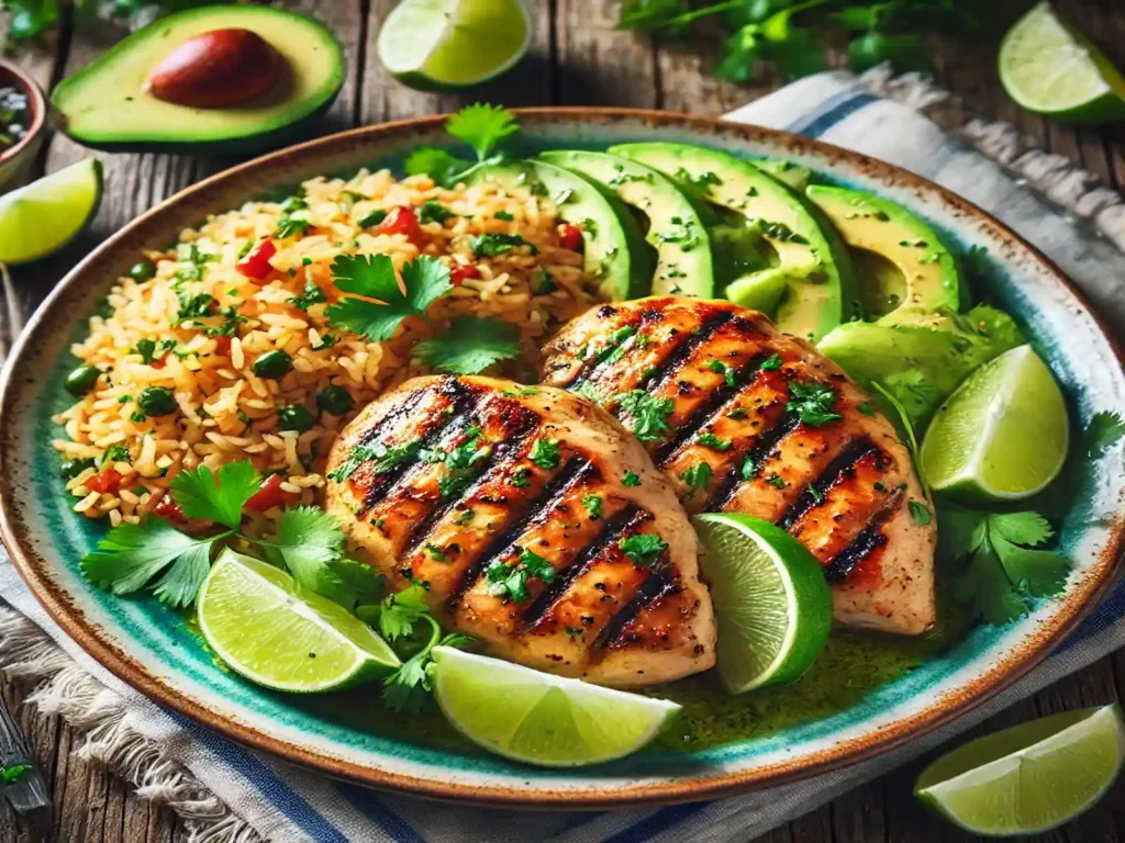 A delicious plate of cilantro lime chicken with grilled chicken breasts, garnished with cilantro and lime, served alongside Mexican rice and avocado.