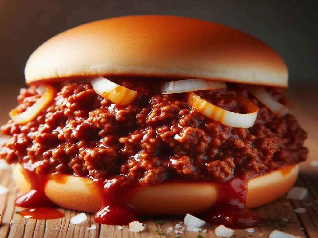 Sloppy Joe burger with seasoned beef and tomato sauce on a toasted bun