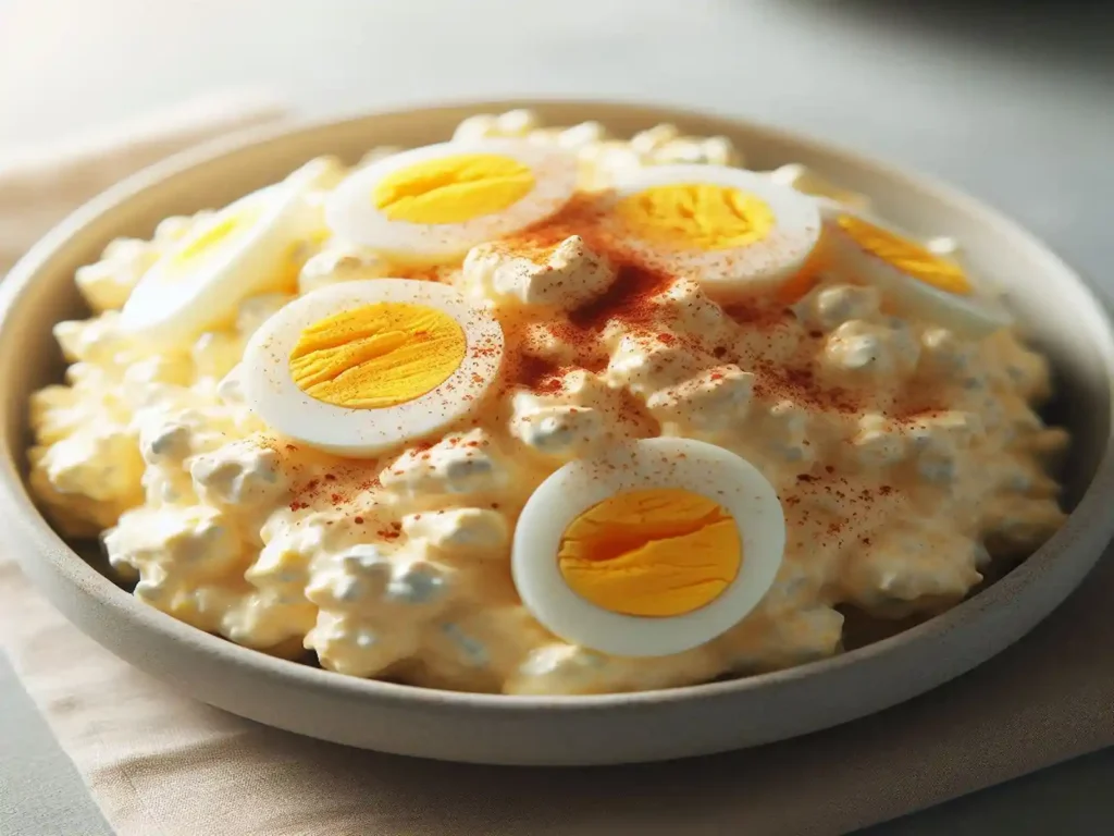 Creamy classic egg salad garnished with fresh