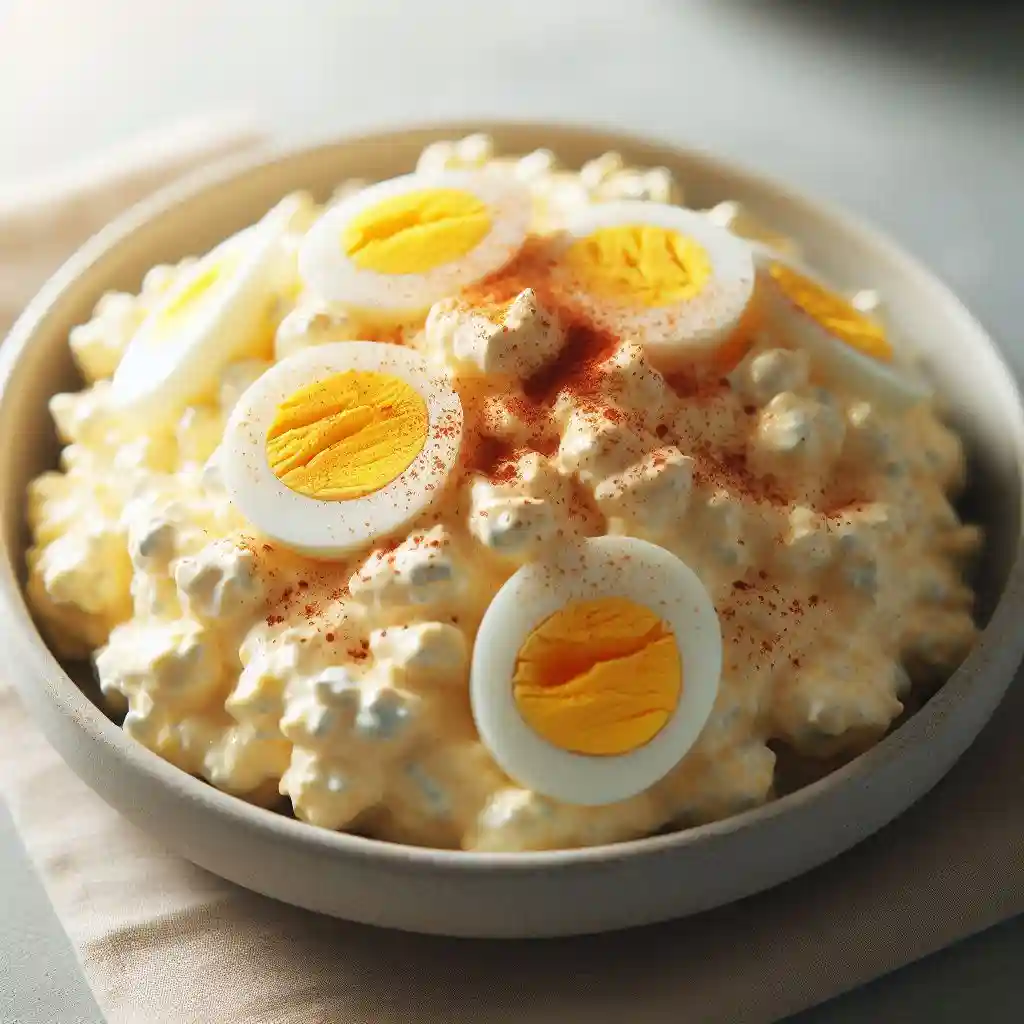 Close-up view of a plate with creamy Classic Egg Salad ready to serve.