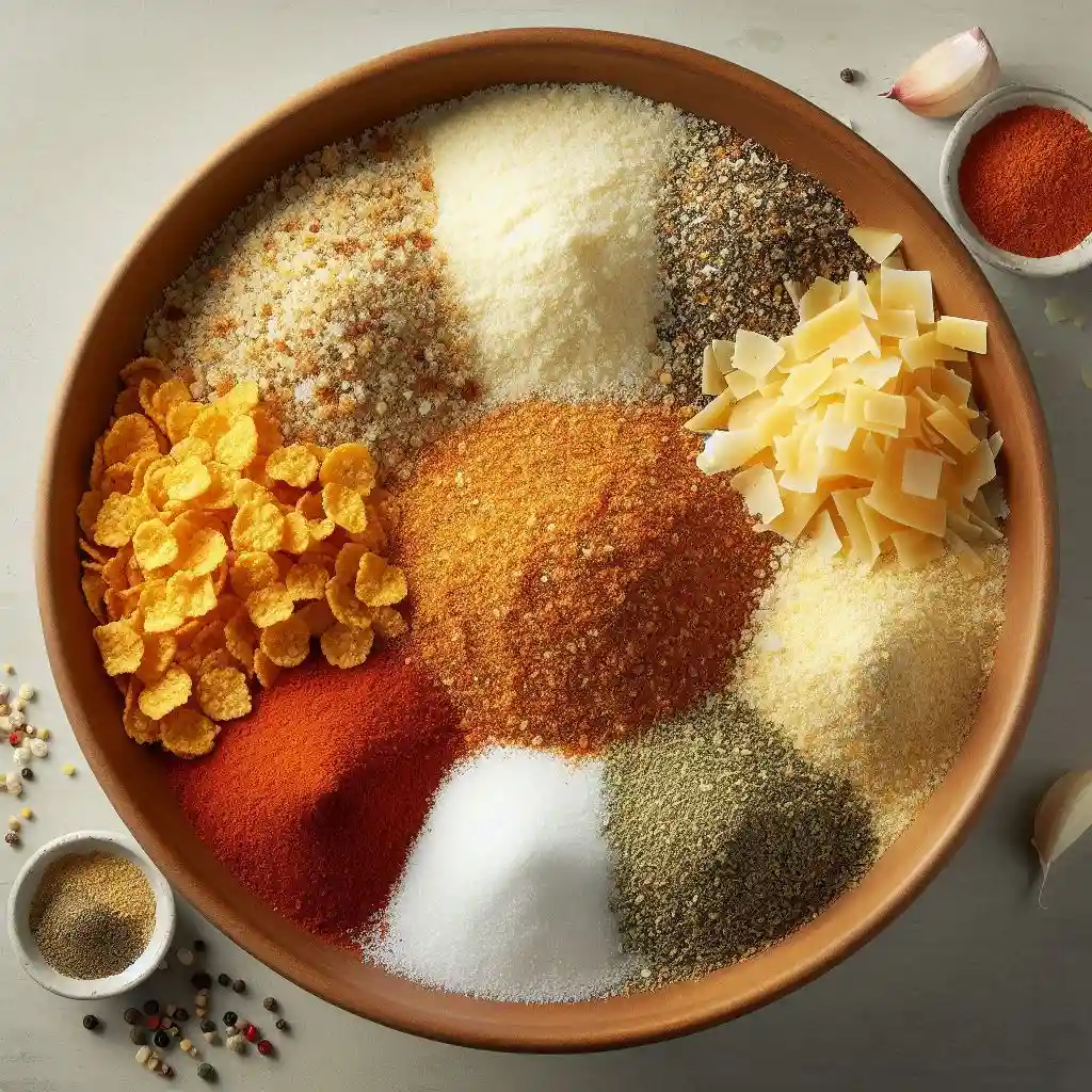 Shallow bowl filled with a mixture of panko crumbs, cornflake crumbs, parmesan cheese, and spices.