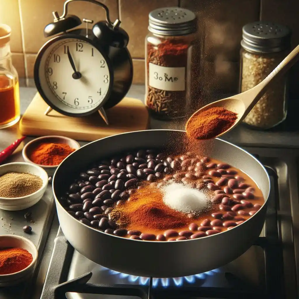 Pan with black beans, paprika, cumin, and salt being stirred on the stove, with a timer indicating 3 to 4 minutes cooking time.