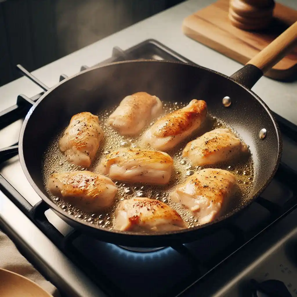 Chicken pieces cooking in a skillet with a light coating of cooking spray, showing various stages of browning.