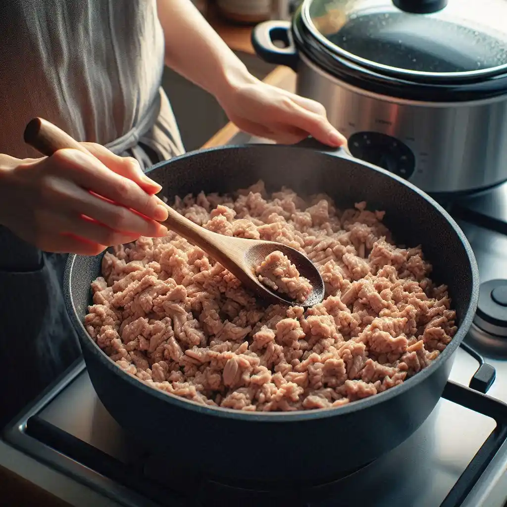 Ground turkey being cooked in a skillet, browned and broken up with a spoon, ready to be transferred to a slow cooker nearby.