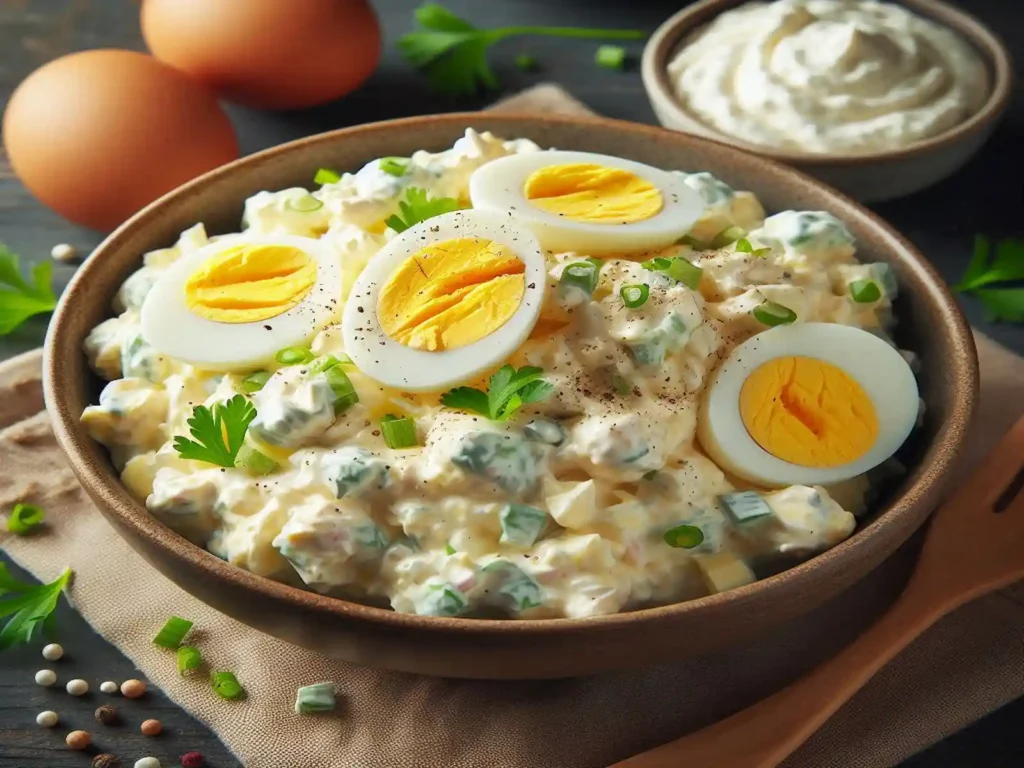 Creamy Egg Salad in a bowl with fresh herbs