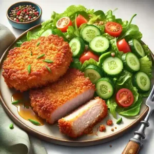 crispy golden-brown air fryer pork chops served with a fresh green salad of cucumbers and cherry tomatoes.