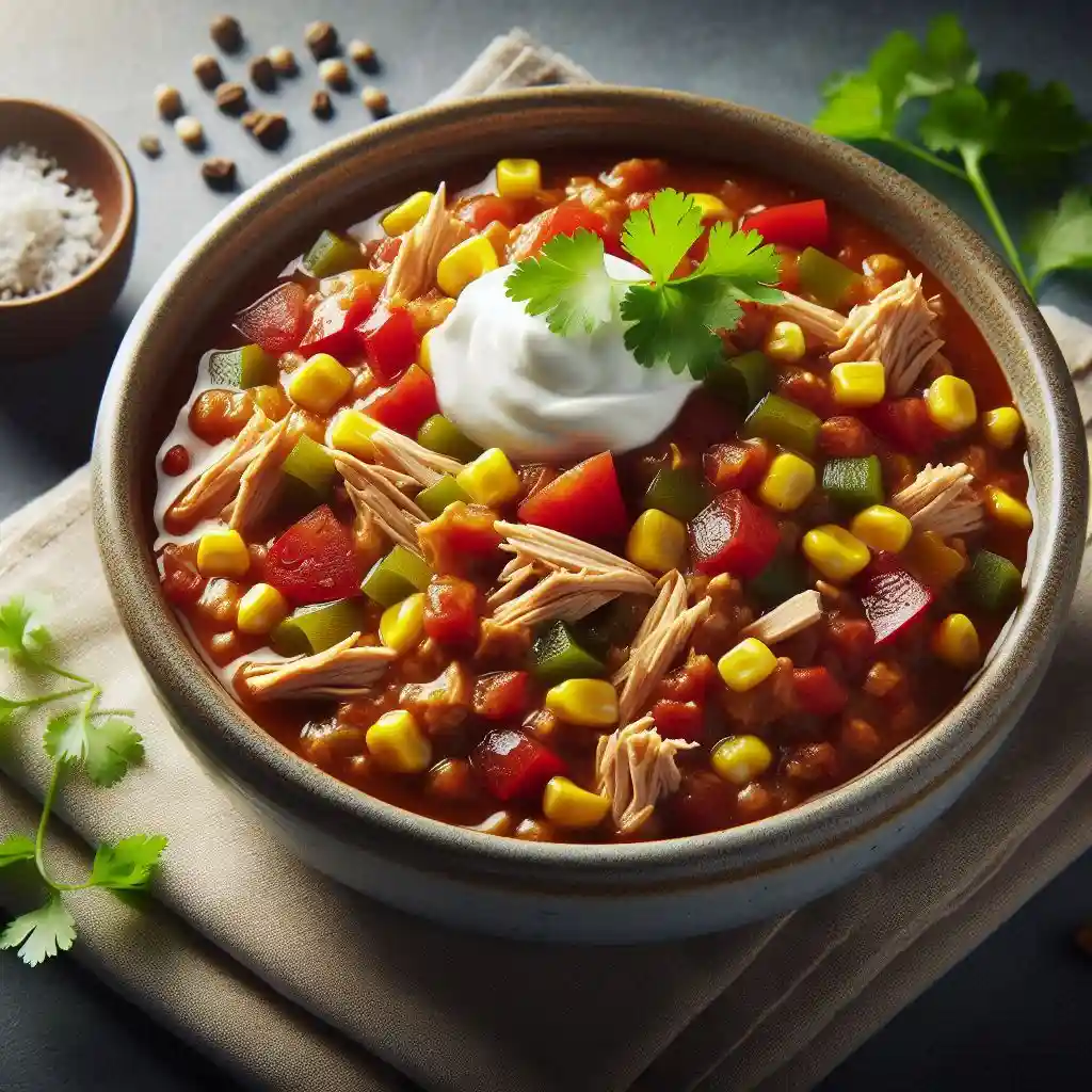 Close-up of a bowl of Crock Pot Turkey Chili, featuring chunks of turkey, corn, bell peppers, and tomatoes, garnished with cilantro and sour cream.