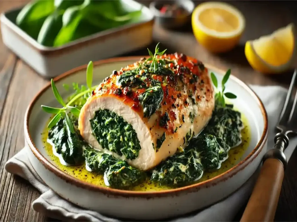 Close-up of a Spinach Stuffed Chicken Breast on a white plate, garnished with fresh herbs and a lemon slice.