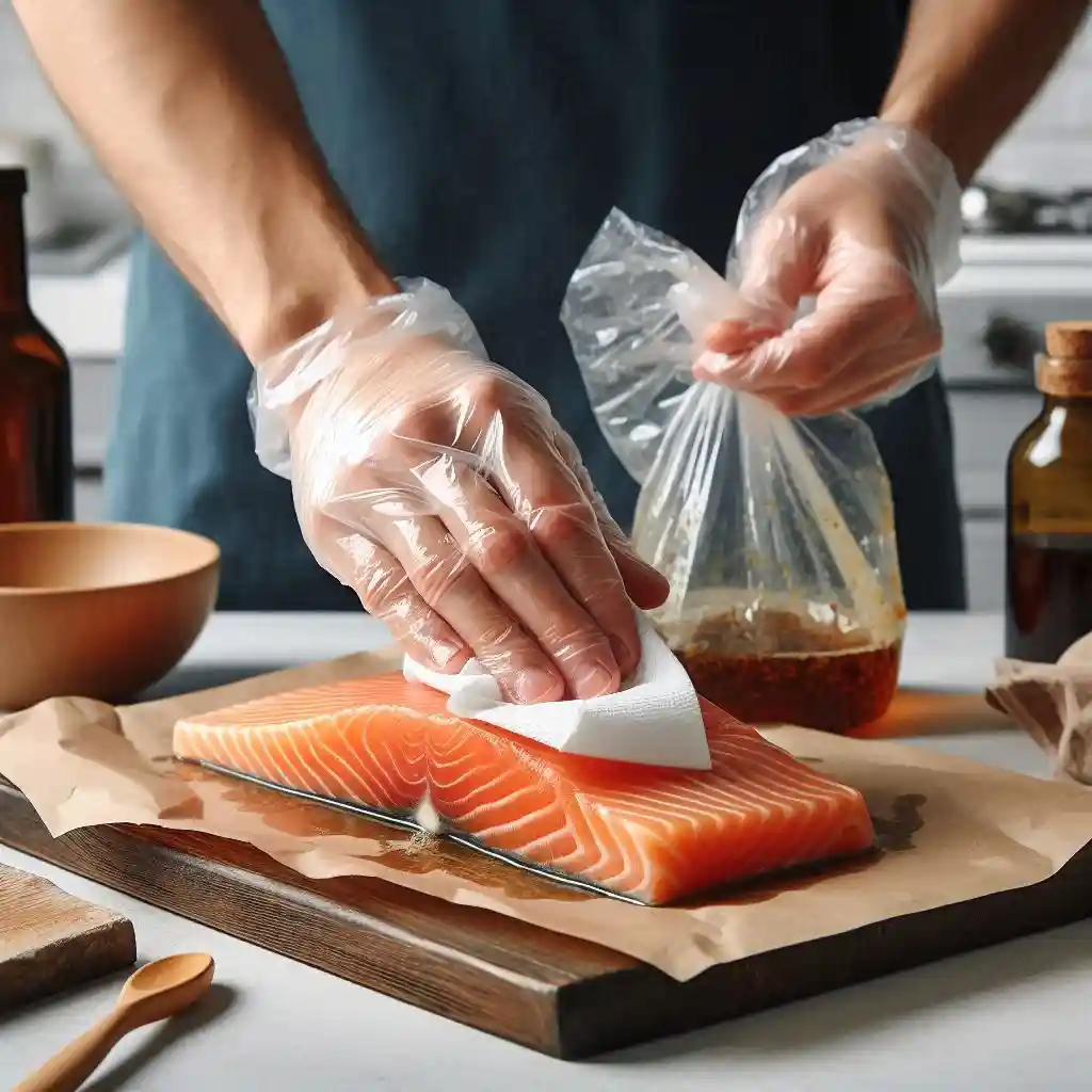 patting dry a piece of salmon with paper towels after removing it from a marinade bag in a clean kitchen.