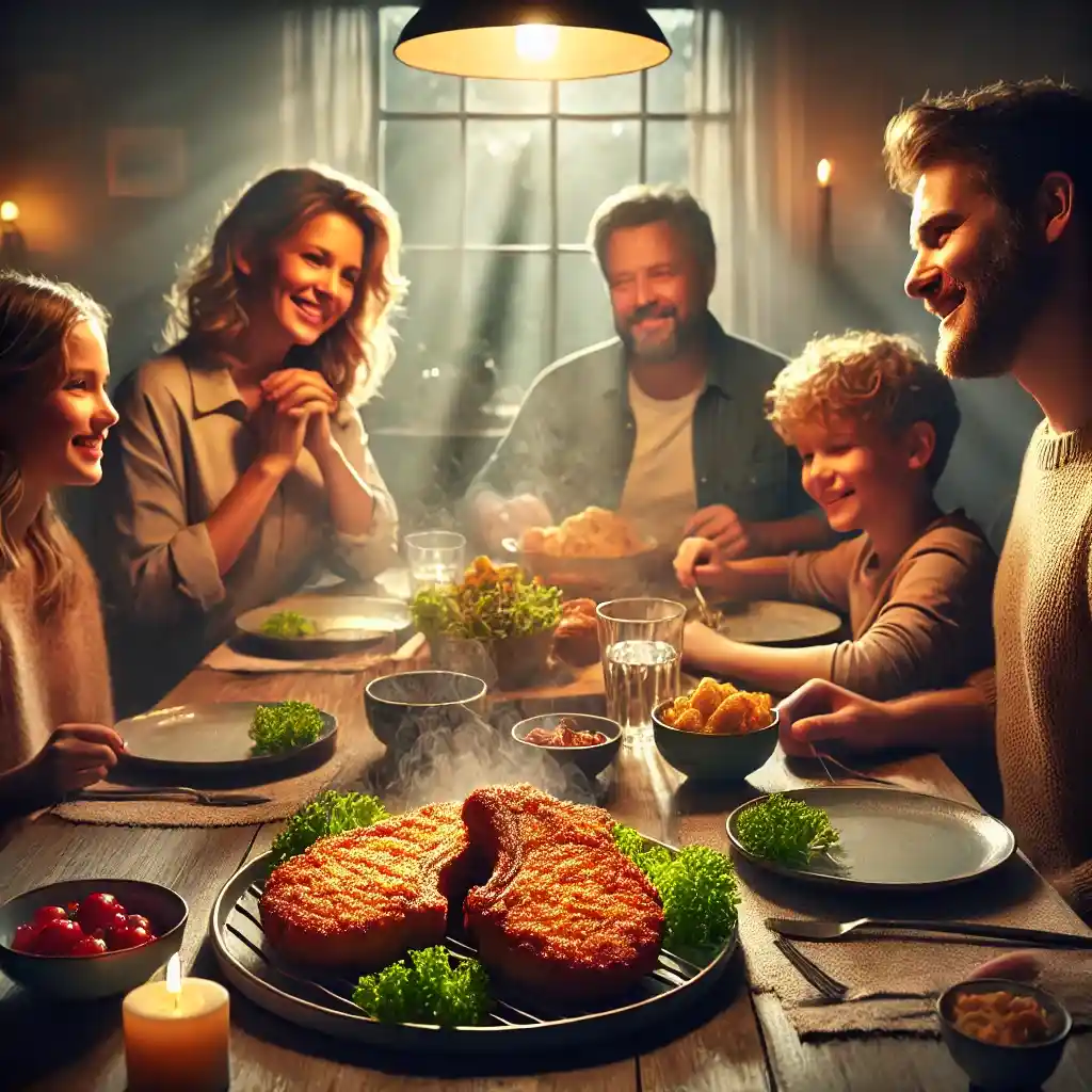 A cozy family dinner scene with four people enjoying a meal, centered around golden-brown Crispy Air Fryer Pork Chops, served hot and fresh on the dining table.