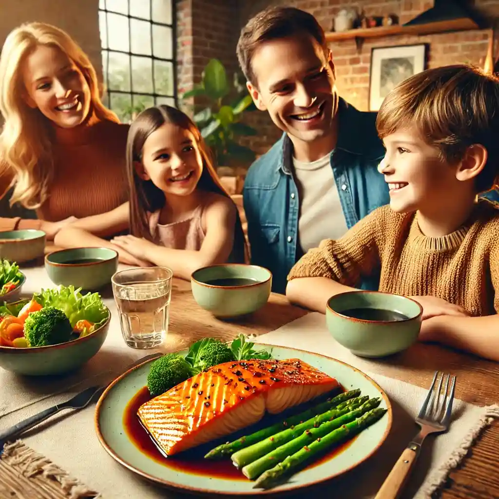 A family of four enjoying a meal around a table, featuring a beautifully plated Air Fryer Salmon with Maple Soy Glaze, accompanied by vegetables, in a warm and inviting atmosphere.