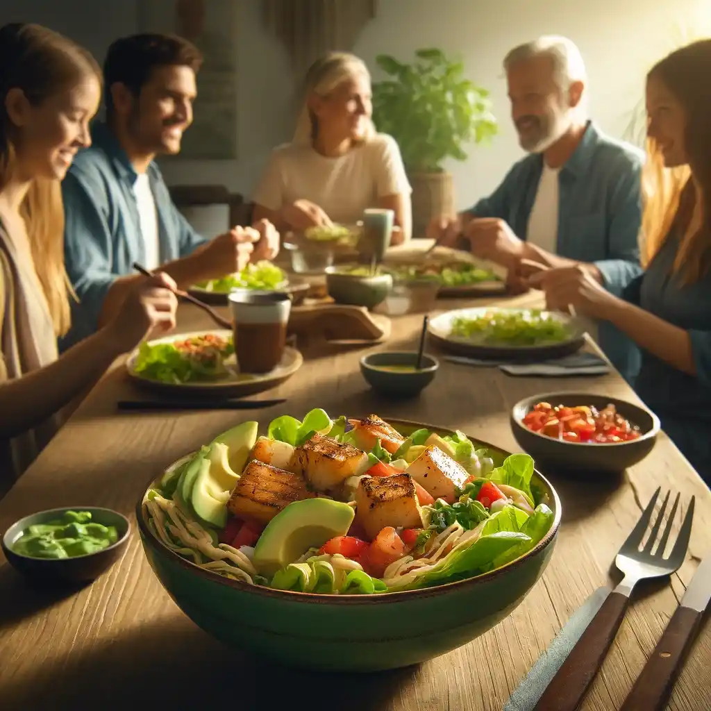 A family of four enjoying a meal, with the focus on a vibrant Fish Taco Bowl at the center of the table.