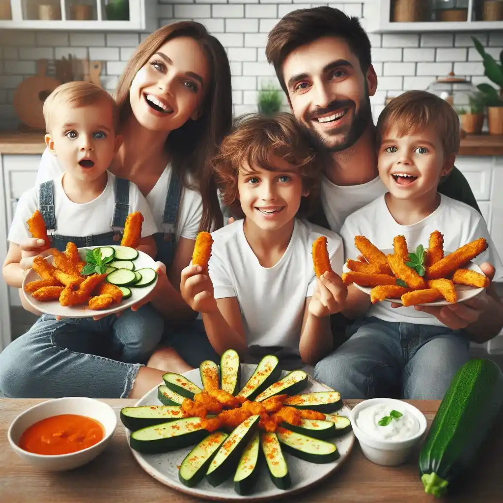 Family of four happily eating Air Fryer Buffalo Chicken Zucchini Skins at a dining table.