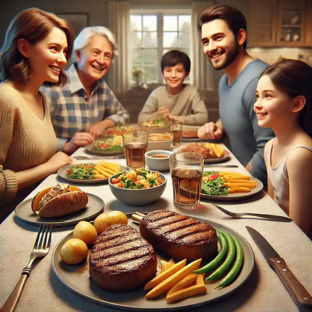 A warm, inviting image of a family of four sharing dinner. The focus is on perfectly seared, slim Air Fryer steaks, served with sides like potatoes and vegetables at a cozy dining table.