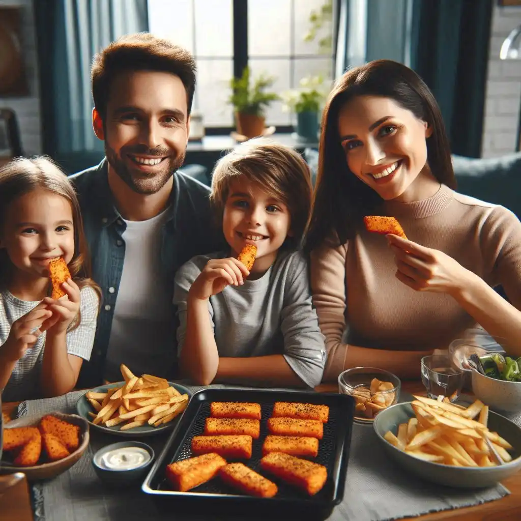 Family of four happily eating Blackened Air Fryer Salmon Bites at a dinner table