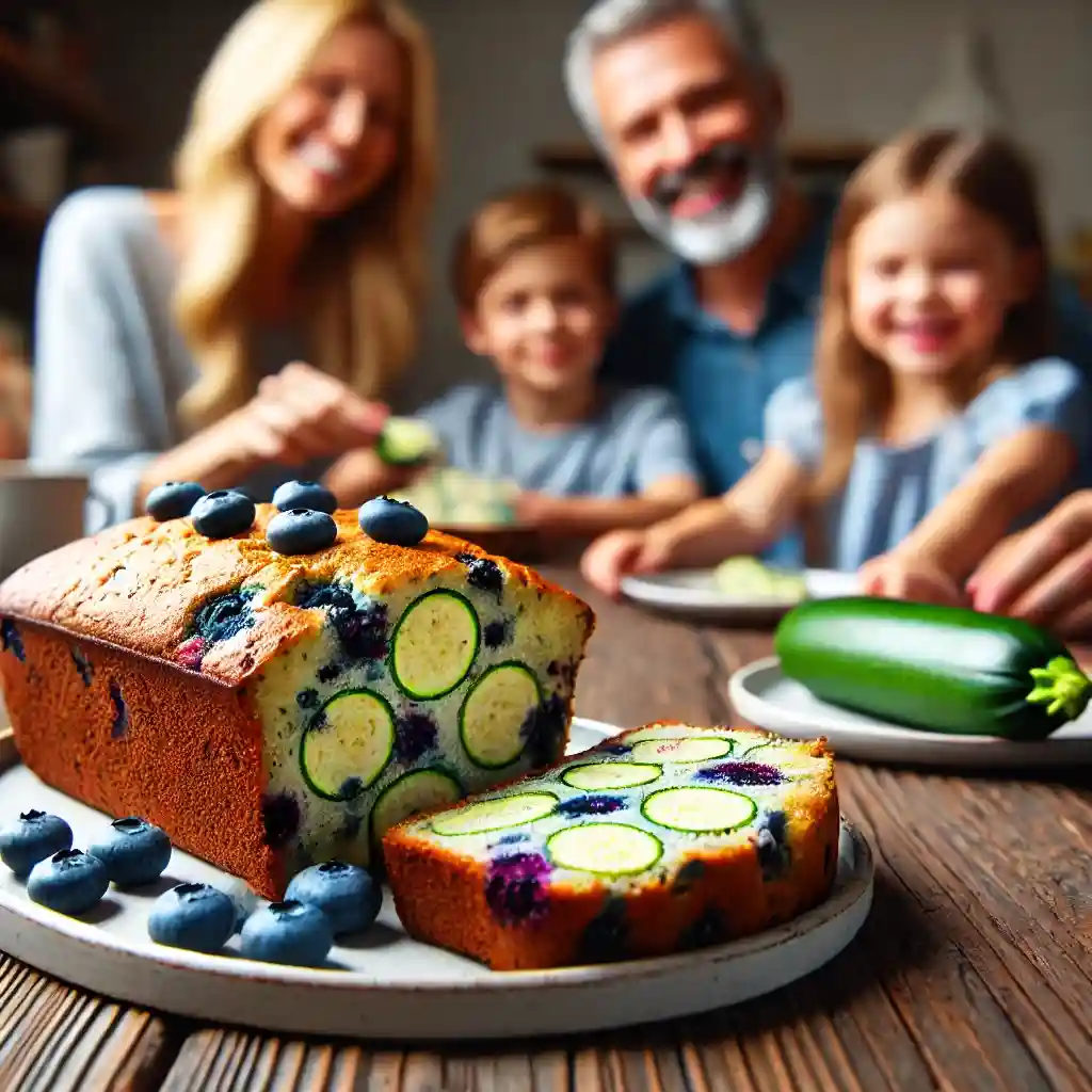 freshly baked Blueberry Zucchini Bread with vibrant blueberries and zucchini flecks, as a family of four smiles and reaches for more around a rustic kitchen table.