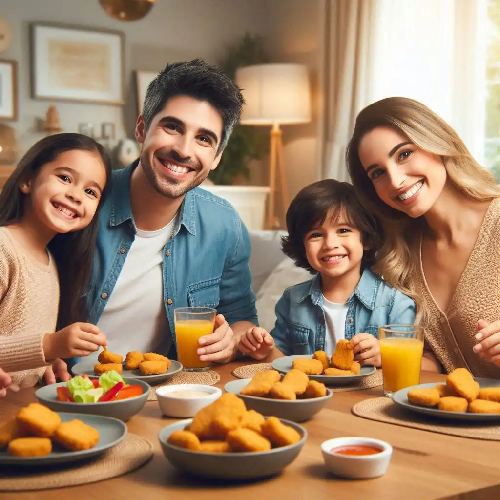  A happy family of four enjoying a meal of chicken nuggets together at the dinner table.