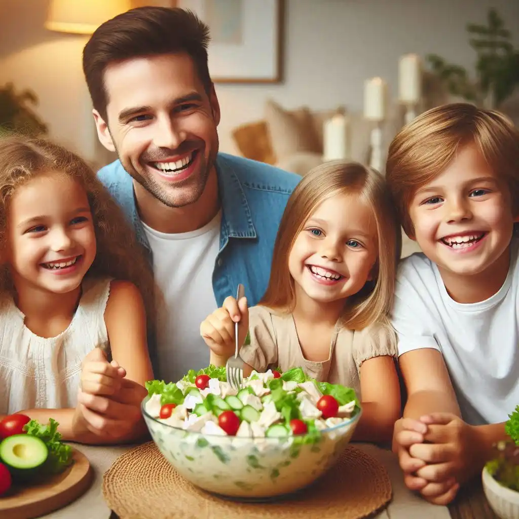 A family of four enjoying a meal of creamy Chicken Salad at the dining table, with the salad looking rich and vibrant.