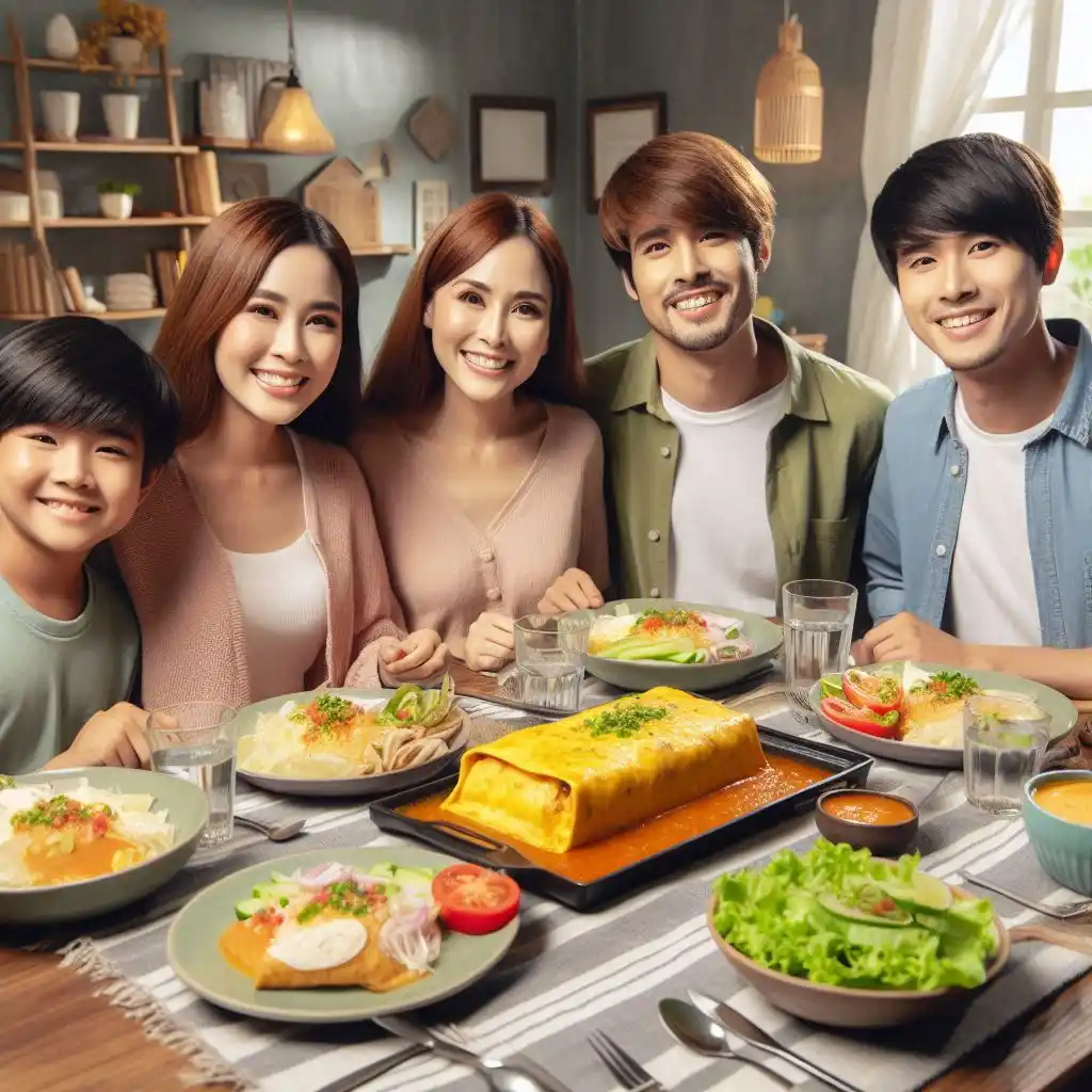 Family of four happily eating dinner with a focus on a plate of chicken enchiladas at the center of the table.