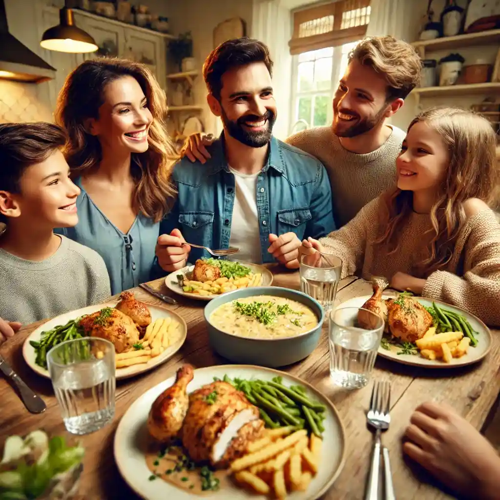 A family of four gathered around a table, happily enjoying a meal of Marry Me Chicken, with the dish as the focal point.