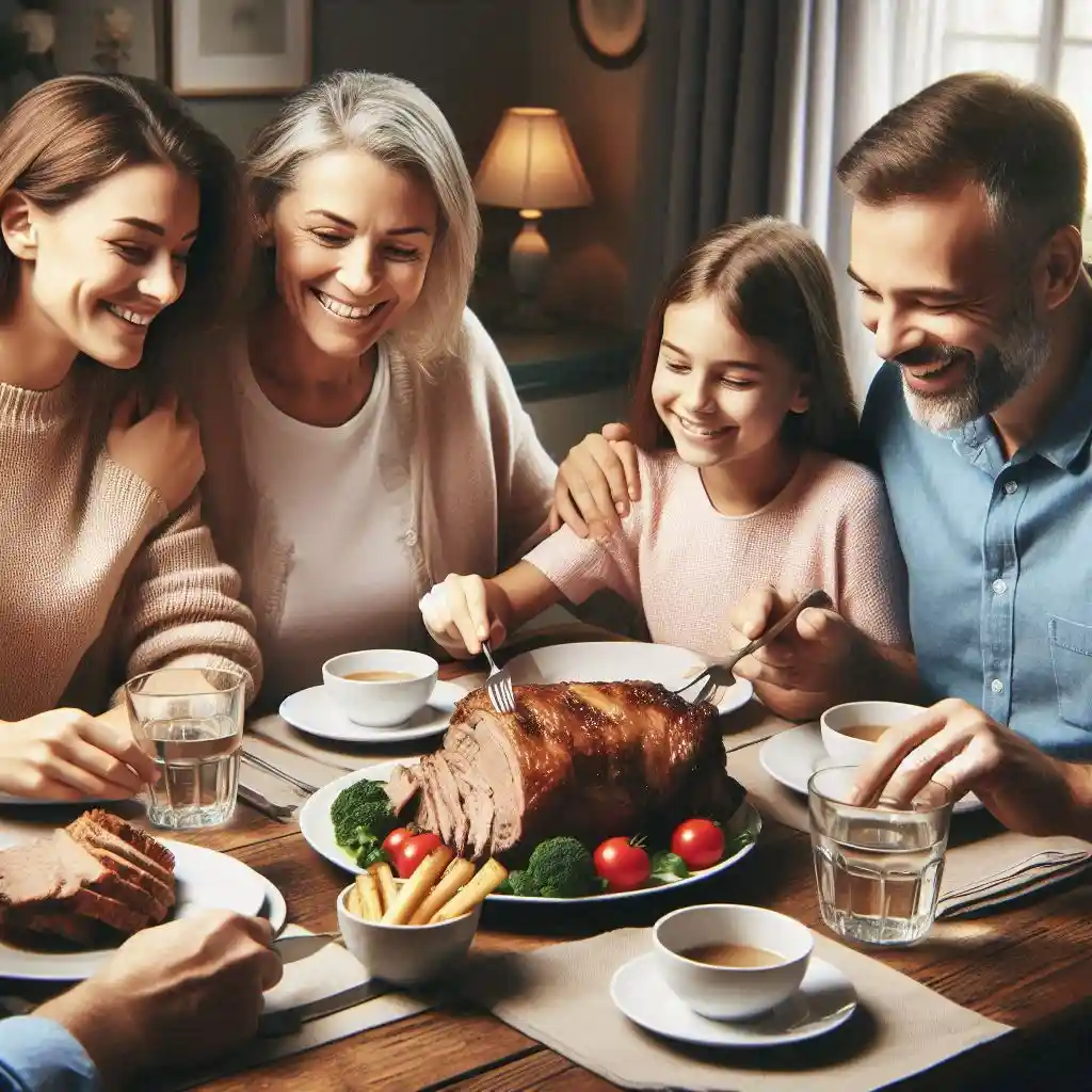 Family of four eating Shoulder Roast with focus on the roast plate