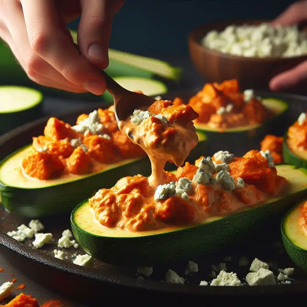 Spoonful of buffalo chicken mixture being added to zucchini shells, topped with crumbled blue cheese.