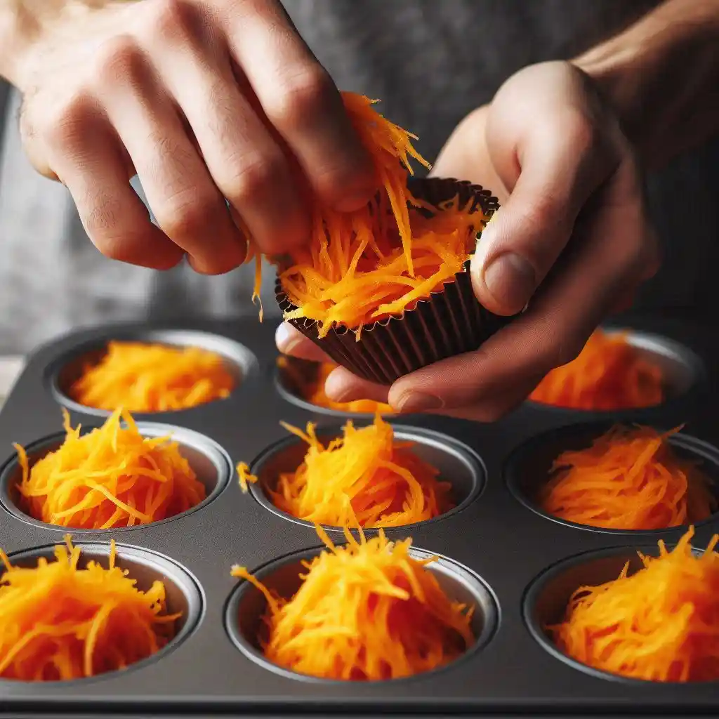 Close-up of pressing grated sweet potato mixture into muffin cups to form nests.