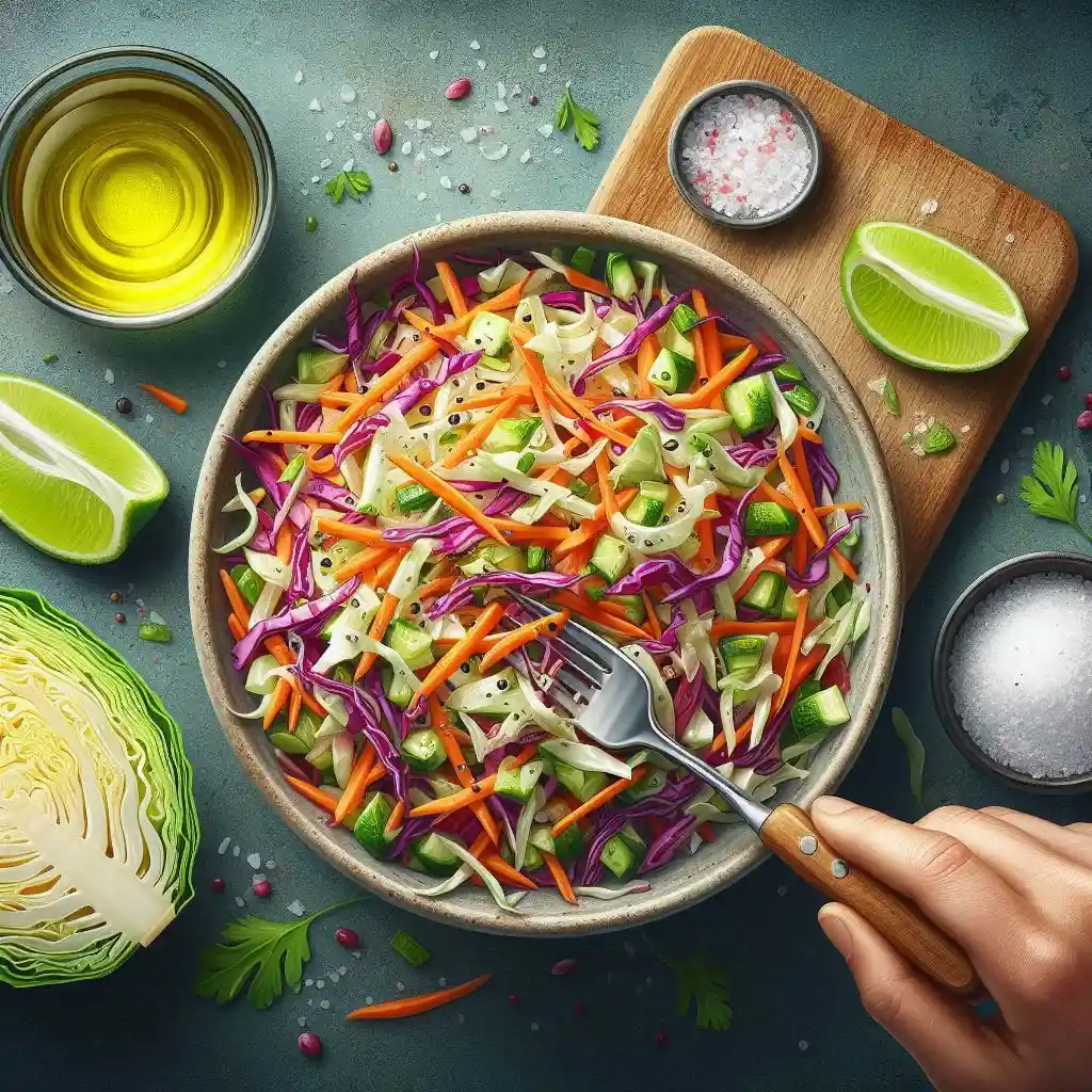 Vibrant slaw mix tossed with olive oil, lime juice, and kosher salt, showing a colorful blend of shredded cabbage and carrots.